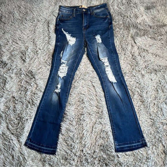 Elite Jeans Womens Size 7 Distressed Whiskered Raw Hem Straight Leg - Picture 1 of 10